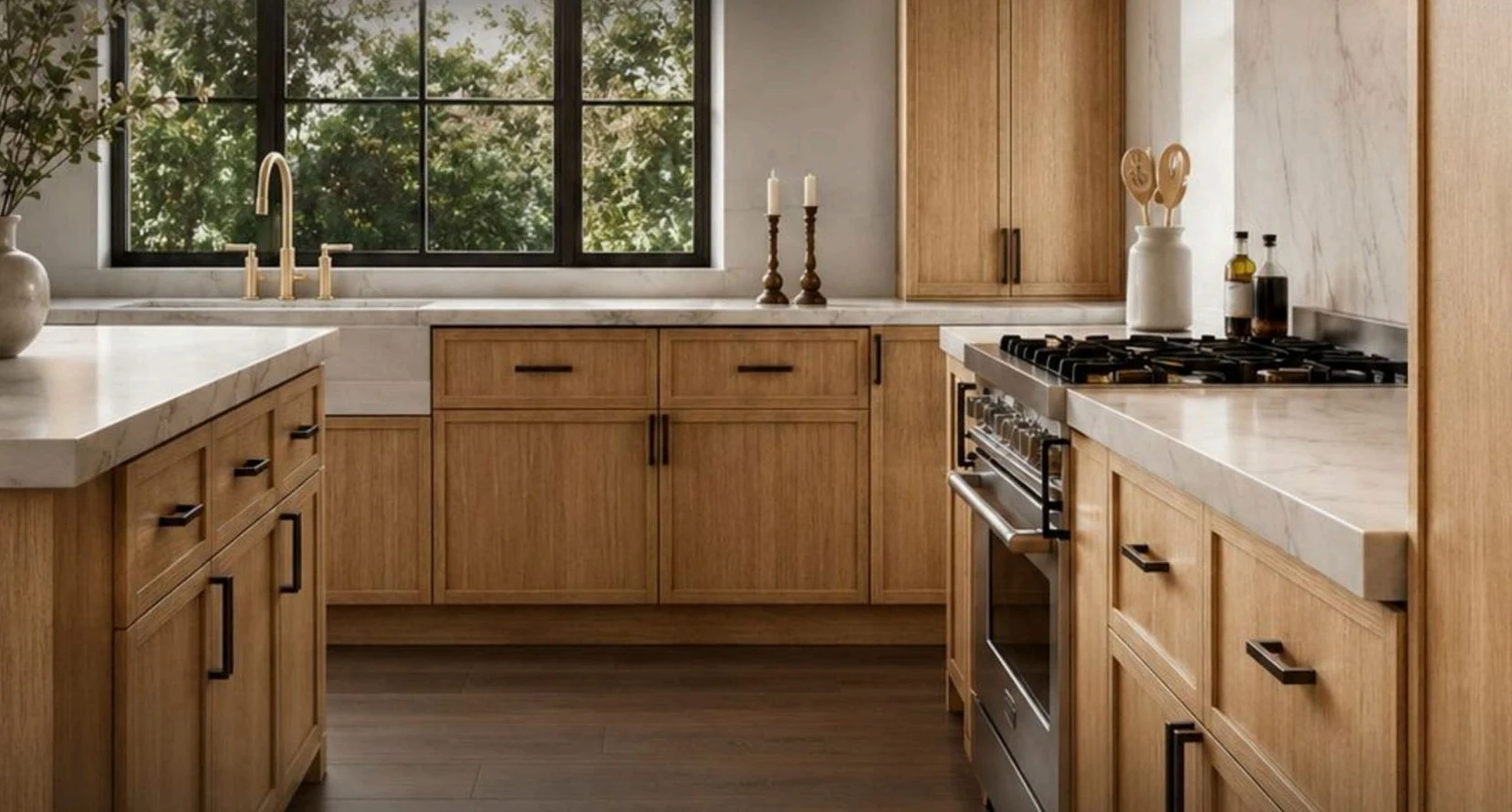 Timber cabinetry and pale counters in the catalogue’s Forevermark collection reference