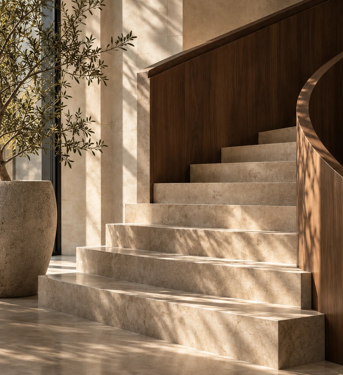 Sunlight falls across a sculptural limestone staircase and curved walnut balustrade beside an olive tree.